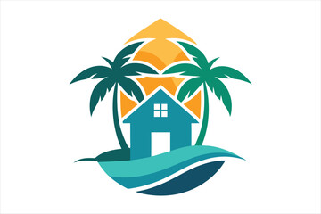 hotel tourism holiday summer beach with coconut palm vector illustration.