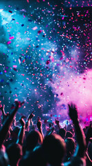 nightclub photography, dark techno club with people dancing and laser lights shining in the background, blue lighting