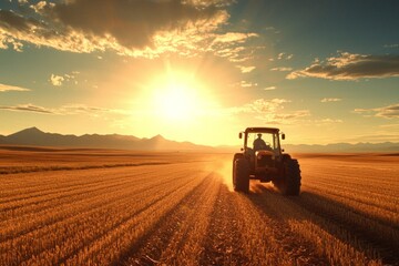 Obraz premium A farmer drives a tractor through a field at sunset.