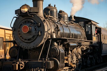 Naklejka premium Historic steam locomotive on a sunny day, showcasing vintage design and powerful engine mechanics in a railway setting