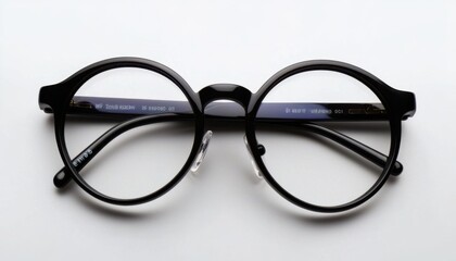 A pair of stylish black round-frame glasses positioned on a white surface, showcasing their design and potential use for vision correction.