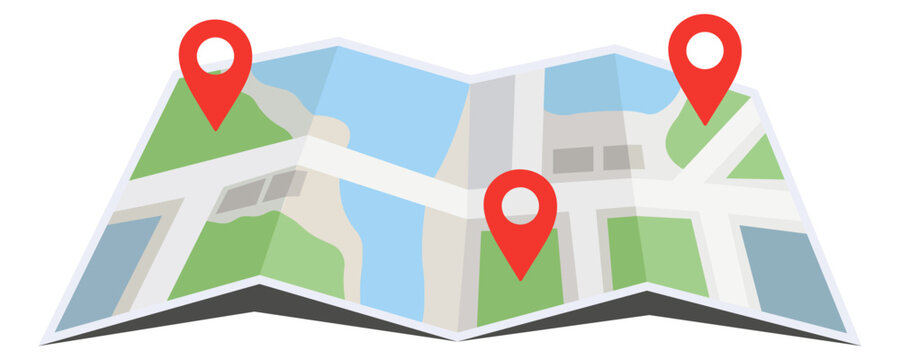Folded maps navigation, red pin location icon on building city street roads design background, eps 10 vector illustration