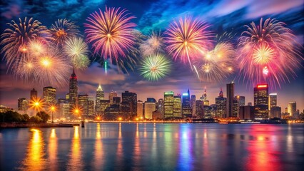 Stunning Panoramic Fireworks Display Over City Skyline at Night