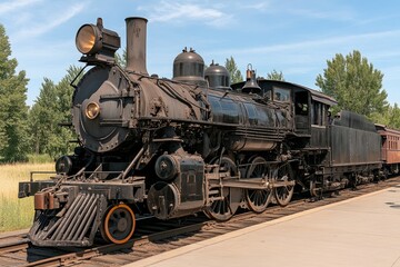 Obraz premium Historic steam locomotive parked at a scenic railway station during a bright summer day with greenery in the background