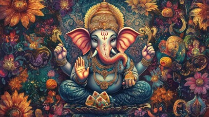 A vibrant and colorful depiction of Lord Ganesha with his vehicle, the mouse, holding modaks and surrounded by intricate floral patterns, symbolizing abundance and good fortune