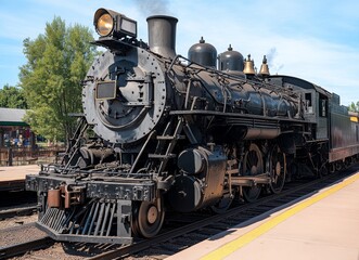 Naklejka premium Steam locomotive on display at a historic train station on a sunny day, showcasing its design and historical significance