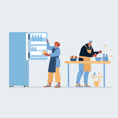 Cartoon vector illustration of Couple man and woman characters preparing food together on white background.
