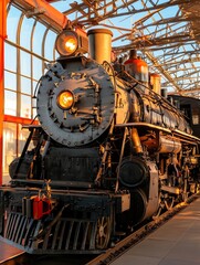 Obraz premium Historic steam locomotive on display in a modern railway station with bright natural light showcasing its intricate engineering
