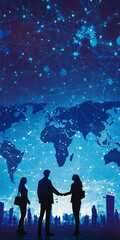 Silhouettes of business people shaking hands against the backdrop of an illustrated world map with global corporate connections