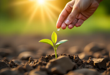 Fototapeta premium Hand Watering a Small Sapling with Droplet in Warm Light