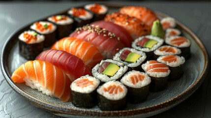 A freshly made sushi platter with neatly arranged pieces of sashimi, nigiri, and maki, adorned with vibrant slices of tuna, salmon, and avocado, all placed on a minimalist ceramic plate.