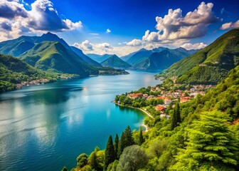 Stunning Panoramic View of Lake Como's Serene Waters and Majestic Mountains