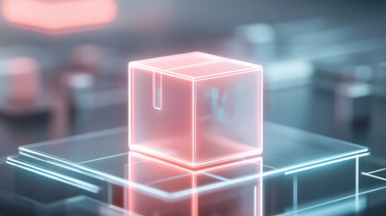 Parcel box with holographic design on a glass table, illuminated by cool neon lights, modern, high-tech product shot, sleek and vibrant background