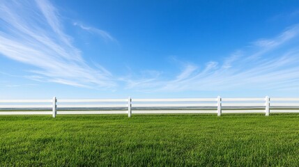 Fototapeta premium A serene white fence cutting through a lush green meadow under a bright blue sky.