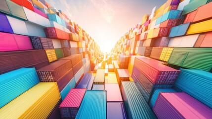 Obraz premium Colorful Shipping Containers Stacked High Towards the Sky