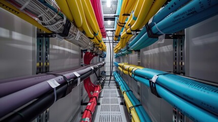 Multicolored Cables Running Through a Server Room