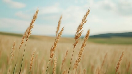 Fototapeta premium Golden fields of wheat sway gently in the breeze under a bright sky
