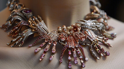 A close-up of a bizarrely designed necklace featuring multiple tiny hands holding sparkling gemstones, wrapped around a neck.