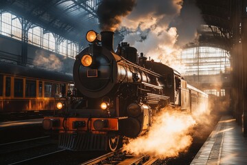 Steam locomotive departing from an old train station under historic architecture in the early morning light