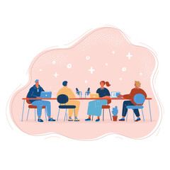 Cartoon vector illustration of meeting people at table.