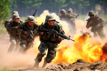 Fototapeta premium Chinese soldiers conduct a training exercise amid explosions and smoke in a forested area showcasing military tactics and teamwork during daylight hours