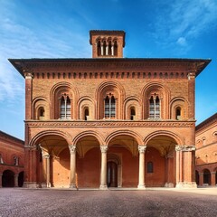 Fototapeta premium detail of a medieval red-brick palace, AI generated