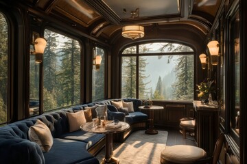 Elegant lounge with plush seating and scenic mountain view in a forested setting during golden hour