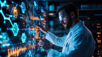 Scientist analyzing digital data on a futuristic interface in a lab during nighttime