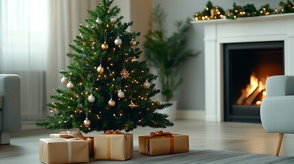 A cozy living room adorned with a beautifully decorated Christmas tree, twinkling lights, and festive ornaments, complemented by a roaring fireplace.