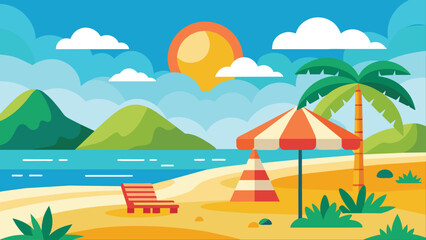 A stylized illustration of a tropical beach with a palm tree, striped beach umbrella, a lounge chair, and a blue sea in the background.