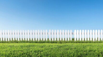 A white picket fence surrounded by vibrant green grass with a clear blue sky in the background.