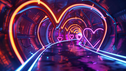 A glowing neon tunnel decorated with bright heart shapes and colorful lights, creating a romantic and futuristic ambiance.  
