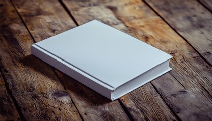 Fototapeta premium A blank white book rests on a rustic wooden surface, symbolizing creativity and potential for new ideas.
