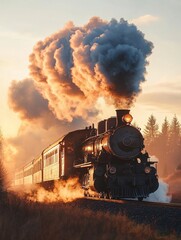 Steam train travels through a scenic landscape at sunset, billowing smoke against a colorful sky