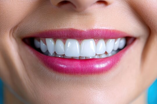 A close-up photograph showcases a smiling mouth with perfect white teeth and glossy pink lips, embodying beauty, health, and the ideal of a radiant smile.