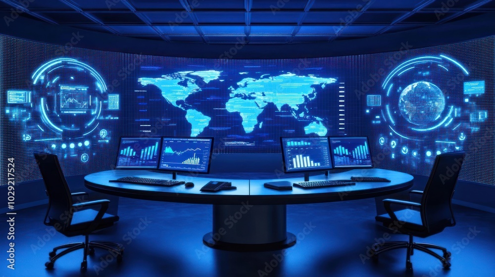 Poster Futuristic Control Room with Global Data Visualization