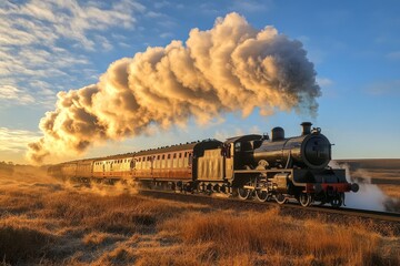 Obraz premium Steam locomotive traveling through golden fields during sunset with billowing smoke in the background