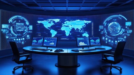 Futuristic Control Room with Global Data Visualization