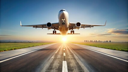 Fisheye airplane taking off from runway isolated on white background