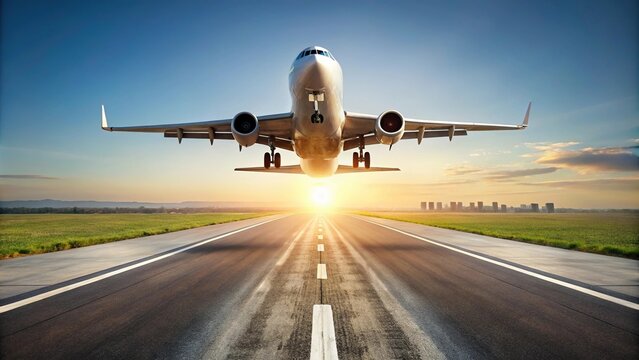 Fisheye airplane taking off from runway isolated on white background