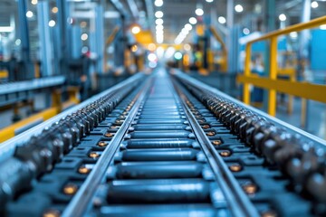 Obraz premium Detailed view of aerospace factory equipment precision robotic arms and conveyor belts moving aircraft parts ultra-clear image