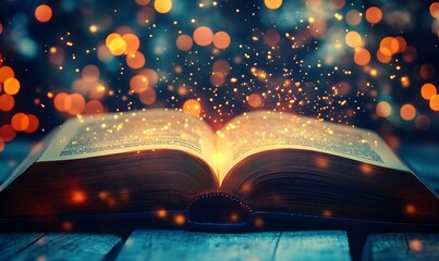Magical Open Book with Sparkling Lights and Bokeh Background Concept of Imagination Fantasy Literature Enchantment at Night, generative ai