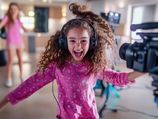 Fototapeta premium An exuberant young girl with curly hair and large headphones enjoys herself in a brightly lit studio environment where she seems engaged with the camera.