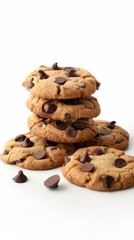 Freshly baked chocolate chip cookies, white background, 4K hyperrealistic photo