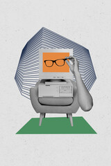 Vertical photo collage of faceless human glasses optician computer monitor diagnostics armchair...
