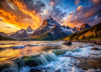 Fototapeta premium Breathtaking Mountainscape with Flowing Waves and Gradient Sky for Nature Photography