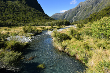 beautiful view of mountains with glacier tops from Monkey Creek, Fiordland park, New Zealand