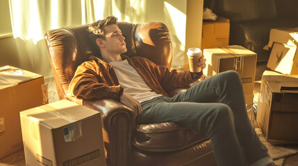 A young man enjoys a moment of tranquility in his new home while surrounded by unpacked cardboard boxes and sipping coffee