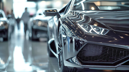 Luxury black cars on display in a modern showroom with panoramic views and prospective buyers exploring their options