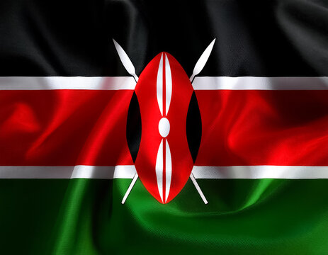 Kenya Flag waving in the wind. Close up of Kenya banner blowing, soft and smooth silk. Cloth fabric texture ensign background